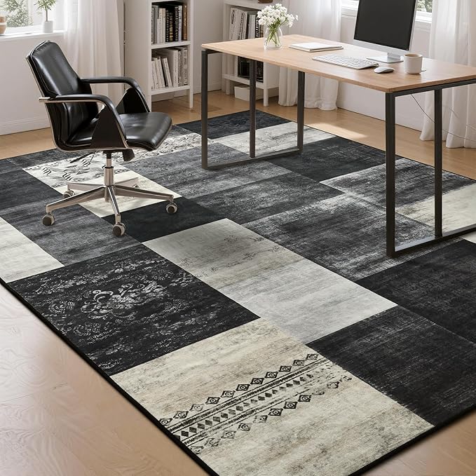 Tepook Modern Area Rug for Living Room, 8x10 Geometric Large Rugs for Bedroom, Washable Patchwork Rug Indoor Non-Slip Throw Carpets for Dining Room Office Farmhouse Home Decor, Black and White