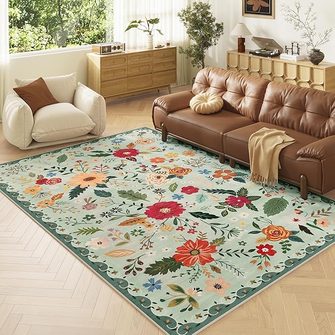Living Room Rug 6x9 Rug Machine Washable Boho Area Rug Non Slip Floral Vintage Low Pile Large Rugs for Living Room, Bedroom, Farmhouse, Dining Room (Green)