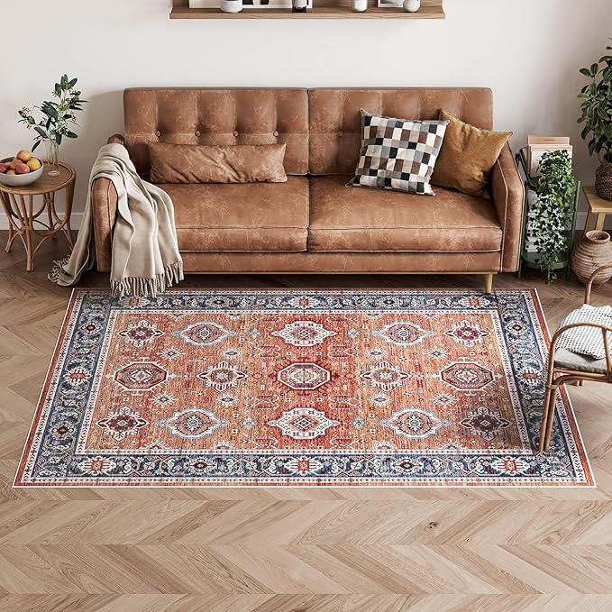 Dripex Vintage Washable Area Rug - 5x8 Distressed Rugs for Living Room Bedroom Oriental Medallion Floral Print Carpet Low-Pile Indoor Soft Non-Slip Accent Rug Farmhouse Office Home Decor