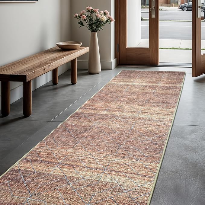 GLN Rugs Contemporary Collection - Machine Washable Area Rug, Contemporary Washable, Non Slip, Low Pile Chenille Rug, Living Room, Bedroom, Kitchen Rug (2'6" x 10' Terra/Brown)