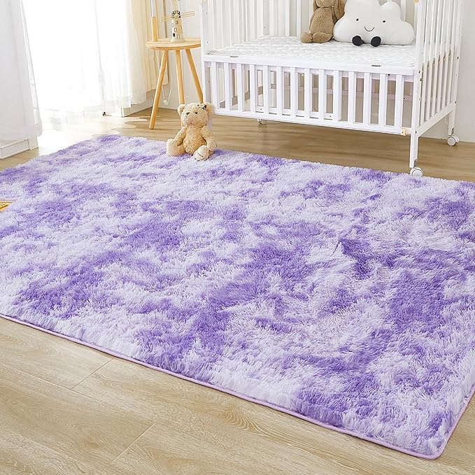 Andency 6x9 Area Rugs, Large Shag Fluffy Soft Shaggy Rugs for Living Room Bedroom, Non-Slip Tie-Dyed Purple Thick Plush Carpet for Kids Girls and Boys, Dorm Nursery Home Decor Aesthetic