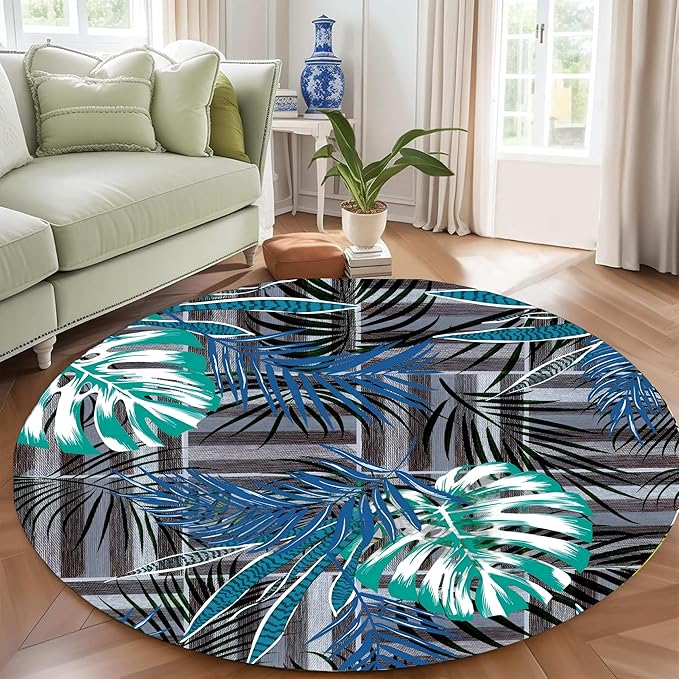 Round Area Rug 3ft - Abstract Palm Leaf Pattern, Non-Slip Machine Washable Low Pile Carpet for Bathroom, Living Room, Bedroom, Entryway, Durable Indoor Floor Mat