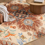 Phantoscope Washable Round Area Rug 6ft Non-Slip, Vintage Boho Rugs for Living Room, Bedroom, Dining Room, Fall Orange Floral Medallion Pattern, Low-Pile Foldable Floor Carpet, Rust/Multi Floral