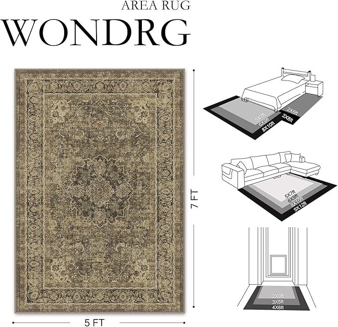 8x10 Brown Washable Vintage Area Rug for Living Room Bedroom Soft Tranditional Non Slip Large Throw Rug Lightweight Floral Low Pile Distressed Carpet Office Playroom Dining Room