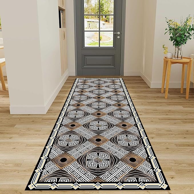 Classic Geometric Runner Rug, 2x10ft, Greek Key Print Runners Rugs, Vintage Moroccan Checkered Carpet, Cozy Short Pile No Crease Farmhouse Rugs for Living Room Laundry
