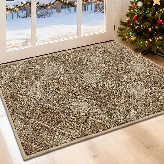 COSY HOMEER Plaid Door Mat 24" x 36",Dirt Trapper Entryway Rugs,Non-Slip Washable Farmhouse Doormat,Low Profile Welcome Mats for Paws Taupe