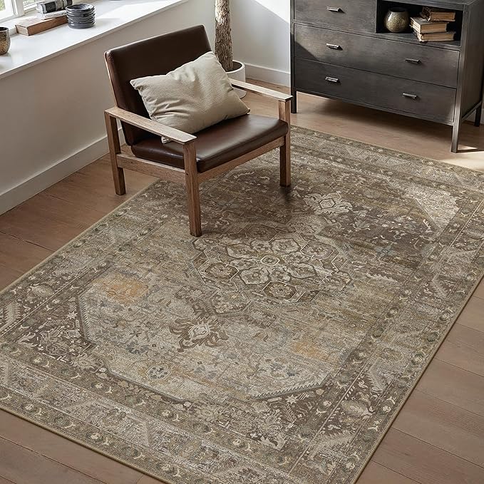 4x6 Brown Washable Vintage Area Rug for Living Room Bedroom Non Slip Distressed Traditional Soft Throw Rug Low Pile Lightweight Floral Carpet Laundry Dining Room Kitchen Office Kitchen