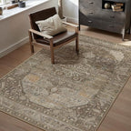 4x6 Brown Washable Vintage Area Rug for Living Room Bedroom Non Slip Distressed Traditional Soft Throw Rug Low Pile Lightweight Floral Carpet Laundry Dining Room Kitchen Office Kitchen