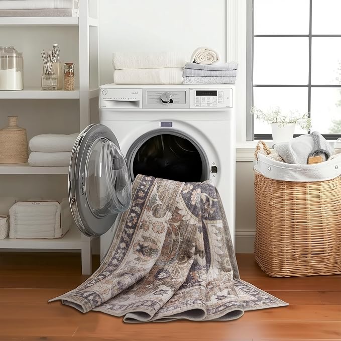 ReaLife Rugs Machine Washable Area Rug Runner - Living Room Bedroom Bathroom Kitchen Entryway Office - Padded Low Pile Stain Resistant Premium - Boho Farmhouse Vintage - Joy - Brown Beige 2'6" x 8'