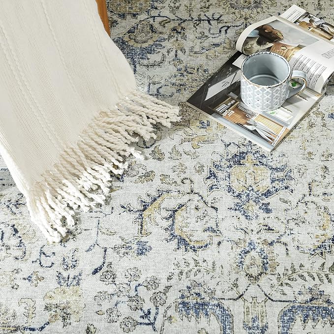 jinchan Kalen Runner Rug 2x6 Washable Hallway Rug Vintage Runner Indoor Floor Cover Thin Retro Distressed Floral Country Non Slip Carpet for Entryway Bathroom Kitchen Bedroom Living Room Blue