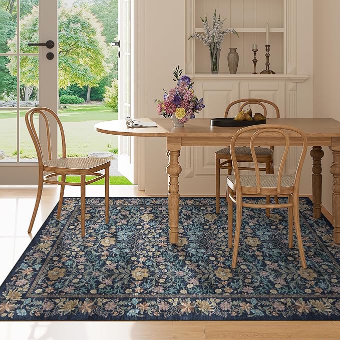 DUKINO 4x6 Rugs for Living Room, Lightweight Non Slip Washable Rug with Low Pile Design, Vintage Floral Non-Shedding Soft Carpet for Living Room, Bedroom, Farmhouse, Office, Bathroom, Dark Blue