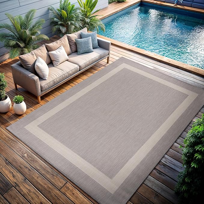 CAMILSON Outdoor Rug 9x12,Large Modern Outside Rugs for Patios Porches Waterproof Durable Washable Non-Shedding, Easy-to-Clean Indoor Outdoor Area Carpet (9 x 12, Bordered - Gray/White)