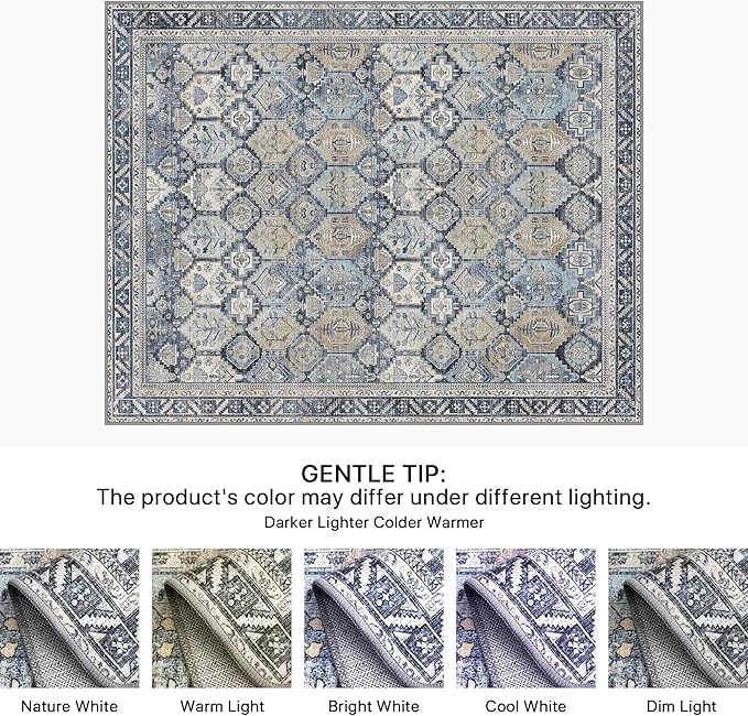 Bavni Washable Rug 6x9 Area Rug for Living Room Bedroom Dining, Washable Vintage Print Carpet, Ultra-Thin Chenille Low Pile Lightweight Rug with Non Slip Backing, Blue