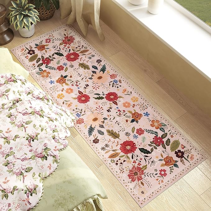Rug Runners 2x6, Floral Washable Kitchen Rugs for Hallways Area Rugs, Non Slip Long Rug Low Pile Doormat Flower Carpet for Kitchen, Entryway Indoor, Bedroom, Bathroom, Laundry, Pink/Beige