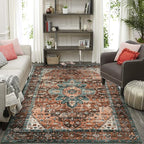 Moynesa Ultra-Thin Washable 10x14 Area Rugs for Living Room, Boho Large Living Room Rug Non Slip,Vintage Oriental Indoor Floor Carpet for Dining Room Table Dorm Home Office Decor, Brick Red