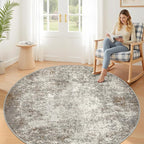 8ft Washable Round Rug - 8x8 Area Rugs Modern Abstract Rugs for Living Room Non-Slip Low Pile Soft Machine Washable Carpet for Bedroom, Living Room, Dining Room, Nursery, Farmhouse (8'x8' Brown Grey)