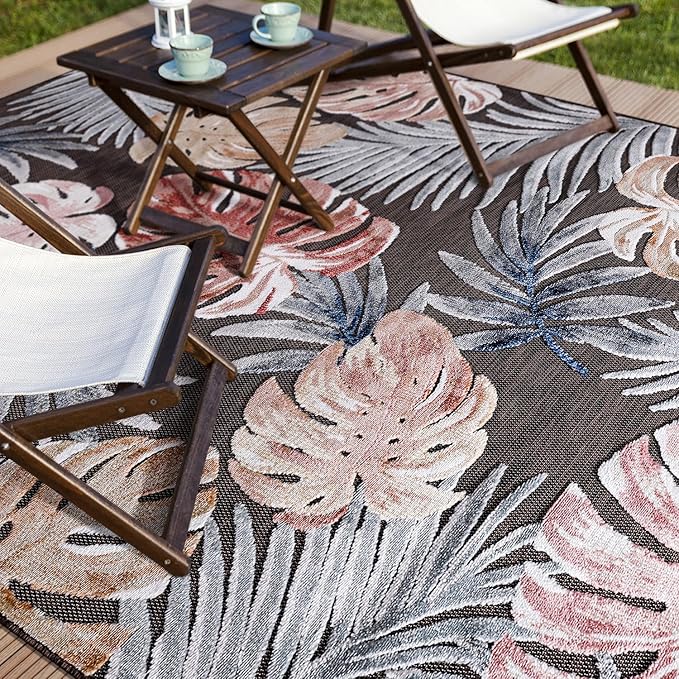 CAMILSON Indoor Outdoor Rug, Brown 6’x9’ Leaf Tropical Botanical Area Rugs for Indoor and Outdoor patios, Easy-Cleaning Non-Shedding Living Room, Garden and Kitchen Washable Outside Carpet (6x9)