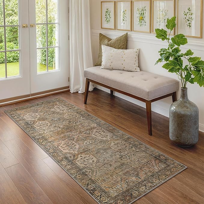 Bavni Runner Rug 2x10 Kitchen Rugs for Hallways Entryway, Washable Vintage Print Carpet, Ultra-Thin Chenille Low Pile Lightweight Rug with Non Slip Backing, Warm Taupe