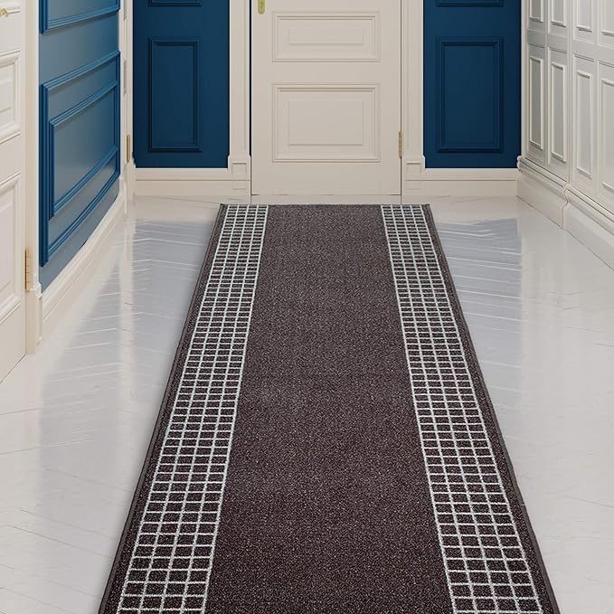 Custom Made Runner Rug for Kitchen Foyer Hallway Entry Choose Your Length 26 Inch Wide Geometric Checkered Design Brown Color (20 feet x 26 inch)