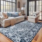 YJ.GWL Area Rugs for Living Room 5x7 Machine Washable Rugs, Non Slip Floral Vintage Rug Indoor Carpet, Stain Resistant Large Rug for Bedroom Dining Room, Navy Blue