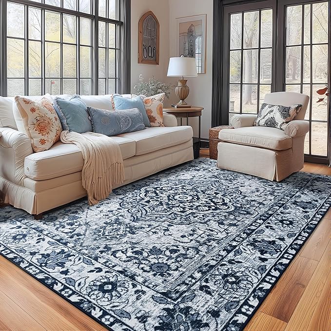 YJ.GWL Area Rugs for Living Room 5x7 Machine Washable Rugs, Non Slip Floral Vintage Rug Indoor Carpet, Stain Resistant Large Rug for Bedroom Dining Room, Navy Blue