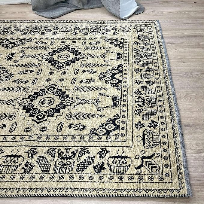 Alfa Rich 3x5 Beige Black Washable Area Rugs for Living Room Bedroom Kitchen Dining Cotton Runner