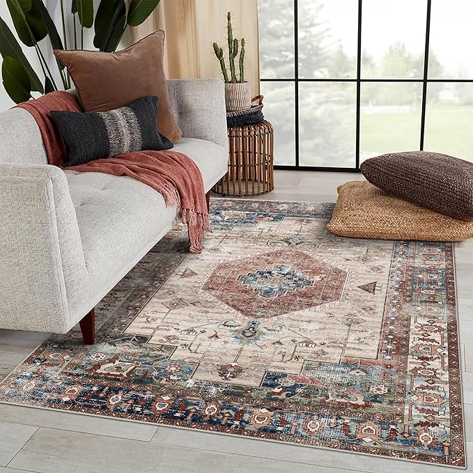 vivorug 5x7 Area Rugs - Ultra-Thin Washable Rug with Non-Slip Backing, Ideal for Living Room, Bedroom, Kitchen Floor Carpet - Vintage Style, Easy Clean, Durable, Low Pile Rug Brown