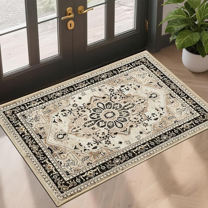 XWZO Entryway Area Rug 2x3ft — Soft Low Pile Non-Slip Door Mat for Bedroom Bathroom Kitchen Laundry, Spill Resistant Washable Small Indoor Carpet for Doorway & Entrance, Brown Beige