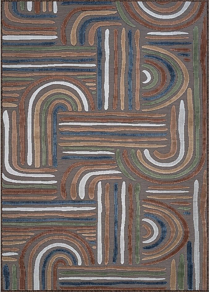 CAMILSON Indoor Outdoor Rug, Brown 5x7 Geometric Arch Striped Area Rugs for Patio and Home Areas, Easy-Cleaning Non-Shedding Living Room, Garden and Deck Washable Outside Carpet (5 x 7)