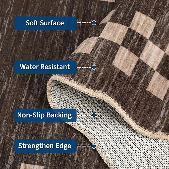 GarveeHome 10x13 Area Rug Large Living Room Scalloped Rug Non Slip Low Pile Bedroom Throw Carpet Soft Modern Bordered Dining Room Rug Stain Resistant Boho Carpet for Home Office, Brown