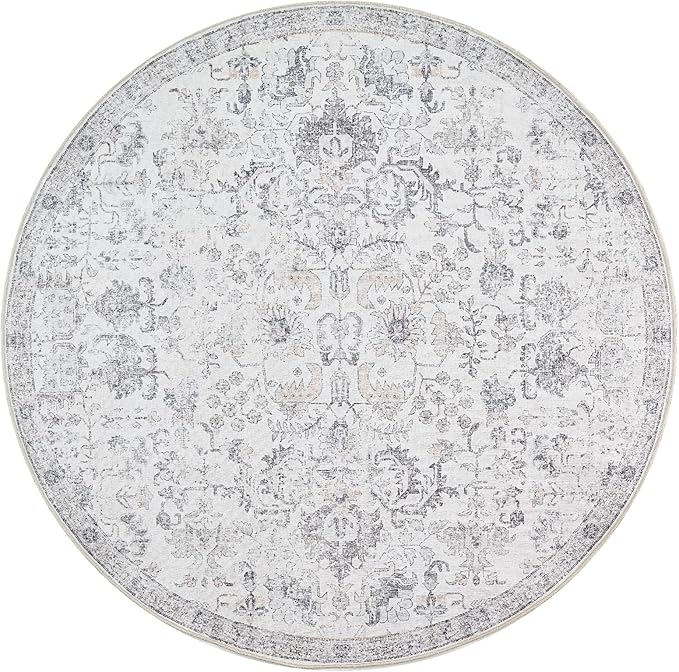jinchan Kalen Round Rug 6ft Area Rug Washable Vintage Indoor Retro Floor Cover Distressed Gray Floral 6' Round Circle Boho Non Slip Thin Carpet for Living Room Dining Room Bedroom Kitchen Grey