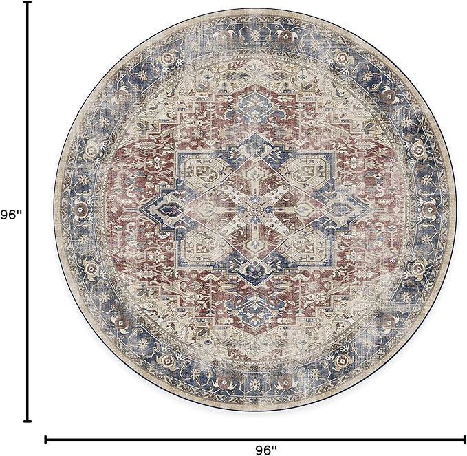 RUGGABLE Washable Vintage Area Rug – Kamran Royal Blue 8 ft Round, Stain-Resistant, Non-Slip – Large Machine Washable Rugs for Living Room, Bedroom, Hallway, Entryway & Office–with Cushioned Pad
