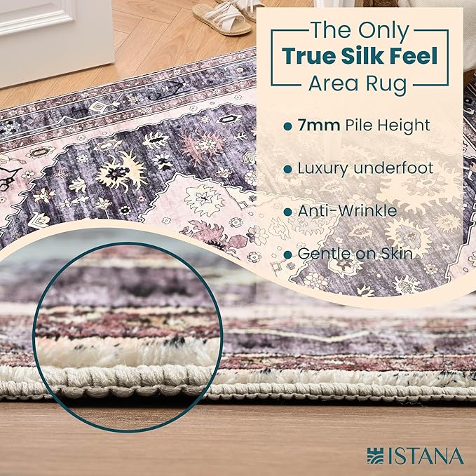Istana Hallway Runner Rug 2.5x8 – Dark Grey Blue/Rose Mauve Entryway Rug -Silk's Soft Touch Runners for Hallways - Stylish Kitchen Runner Rug Non Slip