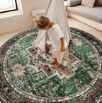 Round Rug 6ft for Bedroom, Green Washable Circle Rug Non-Slip Boho Area Rug 6' Round Carpet for Dining Room Kitchen Dorm Bathroom Low Pile Soft