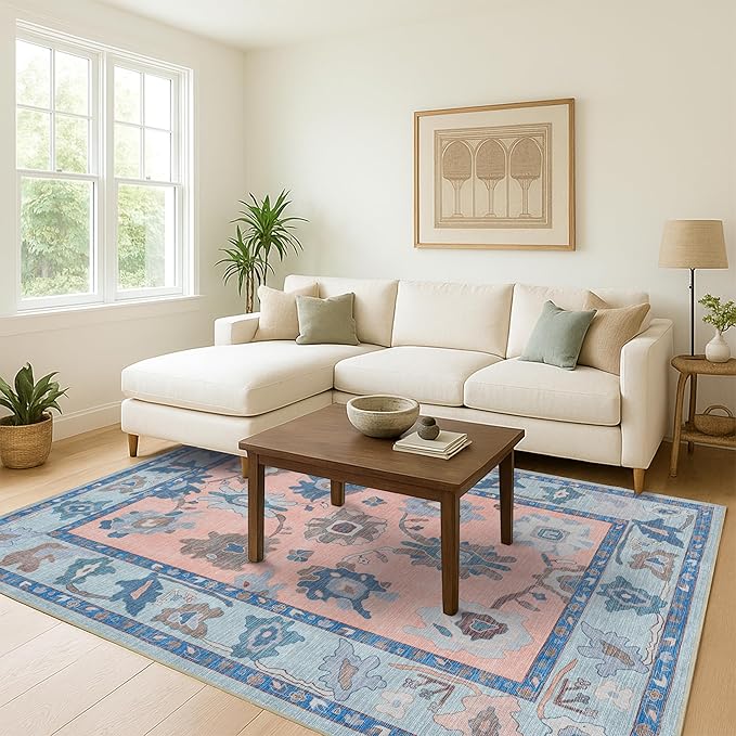 Fame Living Modern Oushak Rug, Small Rugs, Vintage, Turkish, Eclectic, Floral, Pastel, Washable, Door mat, Doormat for Indoor Entrance, Entryway, Kitchen, Bathroom, Bedroom, Laundry, 2'x3'