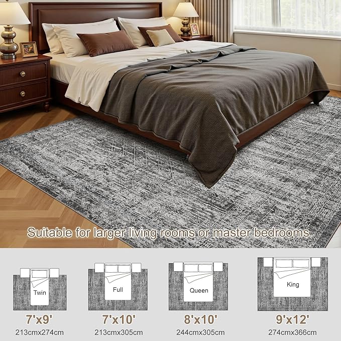 9x12 Area Rug Living Room Rugs - Washable Neutral Modern Abstract Soft Thin Rug Indoor Floor No Slip Rug Carpet for Bedroom Under Dining Table Home Office Decor - Dark Gray