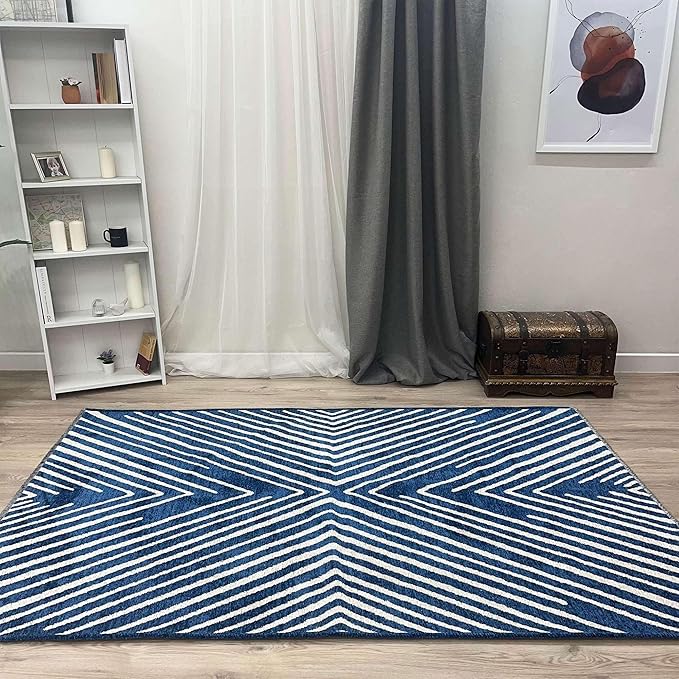 Alfa Rich 4x6 Geometric Navy Blue Off White Washable Area Rugs for Living Room Bedroom Cotton Rug