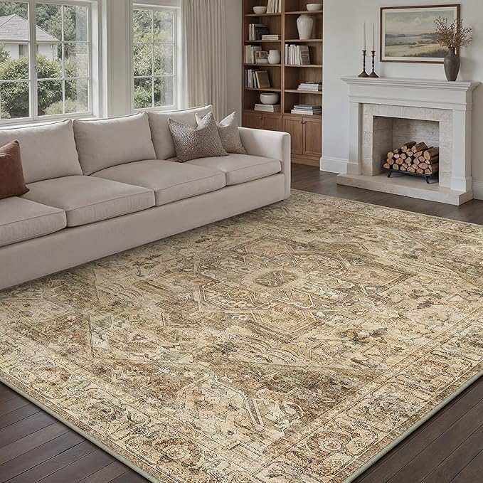 Brown Multi Area Rug 9x12 Vintage Washable Distressed Living Room Carpet Large Indoor Non Slip Traditional Medallion Retro Low Pile Accent Throw Rug Bedroom Kitchen Office Dining Room