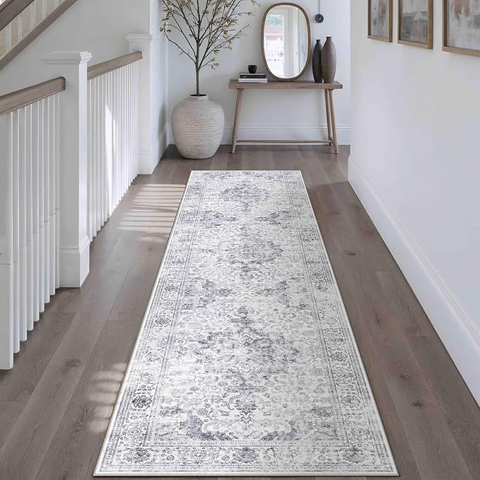 HUGEAR Washable Hallway 2x8 Runner Rugs Retro Grey Vintage Distressed Non Slip Stain Resistant Low Pile Neutral Throw Carpet for Bedside Kitchen Entryway Home Decor