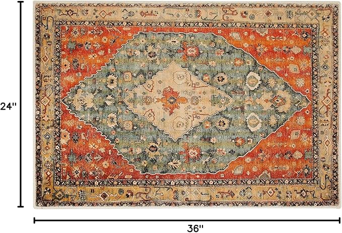 COMSLE Boho Area Rug, 2 x 3 Ft Washable Rugs for Entryway Faux Wool Small Rugs Distressed Throw Rug Non-Slip Floor Carpet for Indoor Bedroom Kitchen Living Room