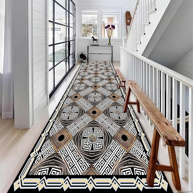 Abstract Black White Geometric Runner Rug, 2x10ft, Luxury Greek Key Rugs for Home Decorative, Greek Spiral Texture Home Decor Non Slip Rugs, Washable Soft Reduce Noise Mat for Bedroom