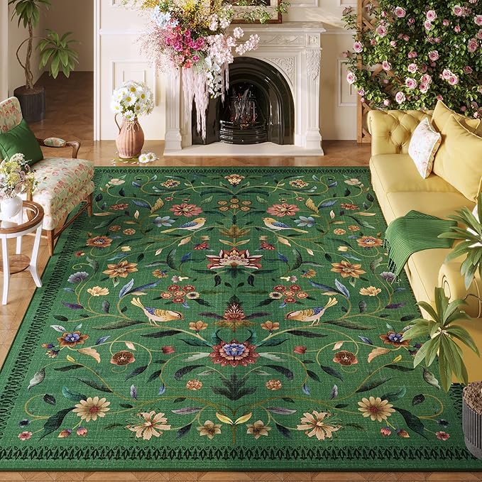 Vintage Medallion Floral 5x7 Area Rugs, Machine Washable Non-Slip, Low Pile Soft Carpet for Living Room, Bedroom, Dining Room, Farmhouse, Kids Playroom, Office | Green