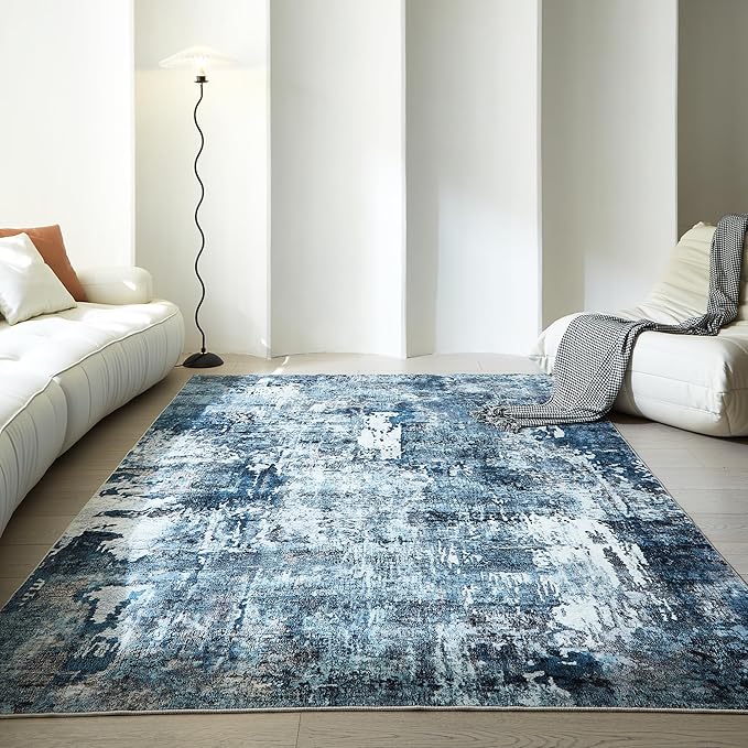 Rugcomf Area Rug 5x7 Washable Rug Boho Soft Abstract Pattern Non-Slip Non-Shedding Faux Wool Vintage for Living Room, Bedroom, Farmhouse, Dining Room, Indoor, Kids Playroom, Blue
