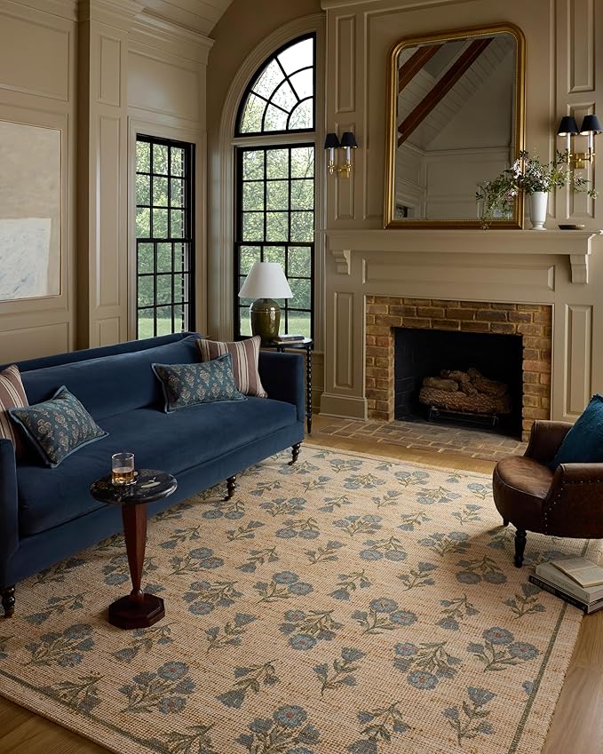 Loloi Chris Loves Julia Rue Collection RUE-04 Moss/Blue 9'-3" x 13' Area Rug Jute Neutral Floral Living Room Bedroom Rug