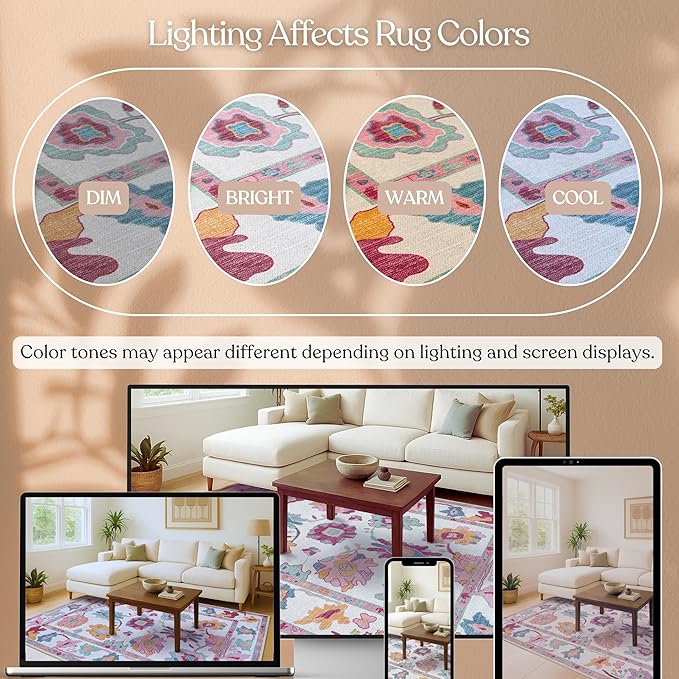 Fame Living Pink Oushak Rug, Modern, Vintage, Turkish, Eclectic, Floral, Pastel, Washable, Area Rugs for Living Room, Dining, Bedroom, Nursery, Girls, Boys, 5'9"x8'9"