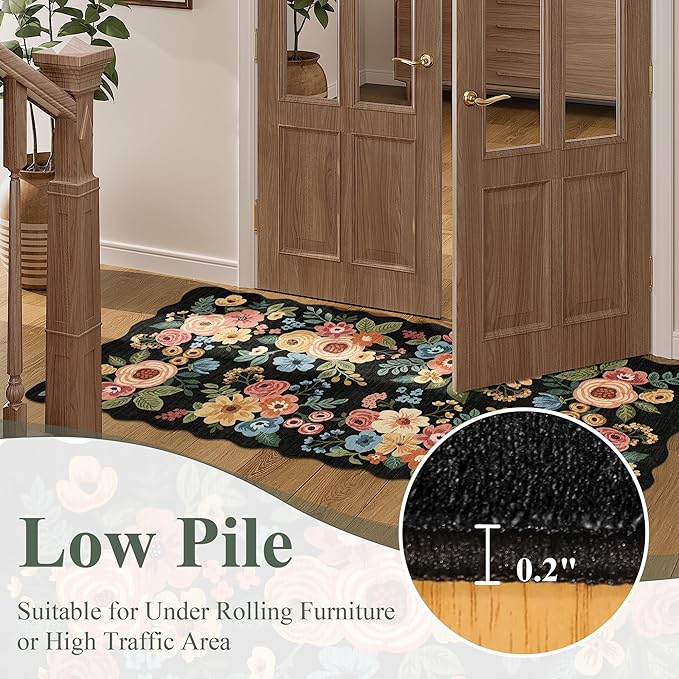 DUKINO 2x3 Entryway Rug, Floral Washable Indoor Door Mat with Non-Slip Backing, Soft Low Pile Small Front Door Throw Rugs for Entryway, Kitchen, Bedroom, Laundry, Bathroom,Black