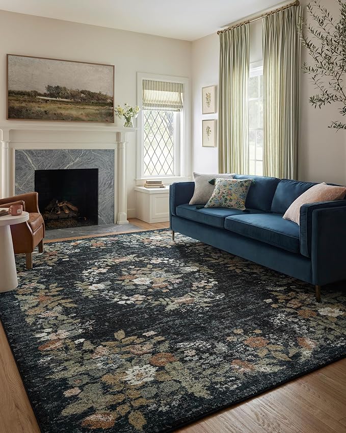 Loloi Rifle Paper Co. Laurel Collection LAU-01 Dark Navy 6'-6" x 9'-2" Area Rug