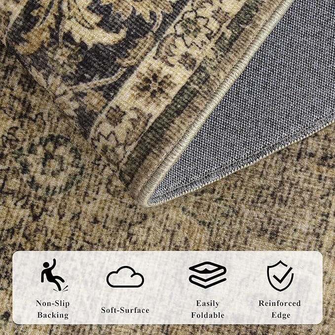 Washable Area Rug 9x12 Brown Rugs for Living Room, Vintage Boho Large Rug for Bedroom Dining Room Office, Distressed Floral Print Carpet for Under Table, Soft Non Slip Low Pile Throw Carpet Indoor Mat