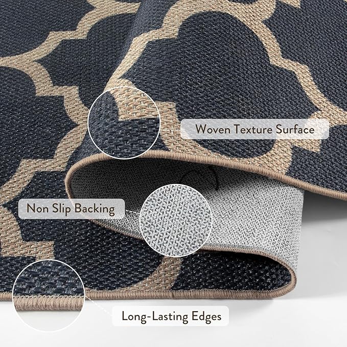 Lahome Moroccan 3x5 Outdoor Rug, Easy Jute Blue Washable Rug for Entryway Front Porch, Geometric Trellis Woven Non Slip Door Mat for Entrance, Thin Non Shedding Farmhouse Throw Rugs for Balcony