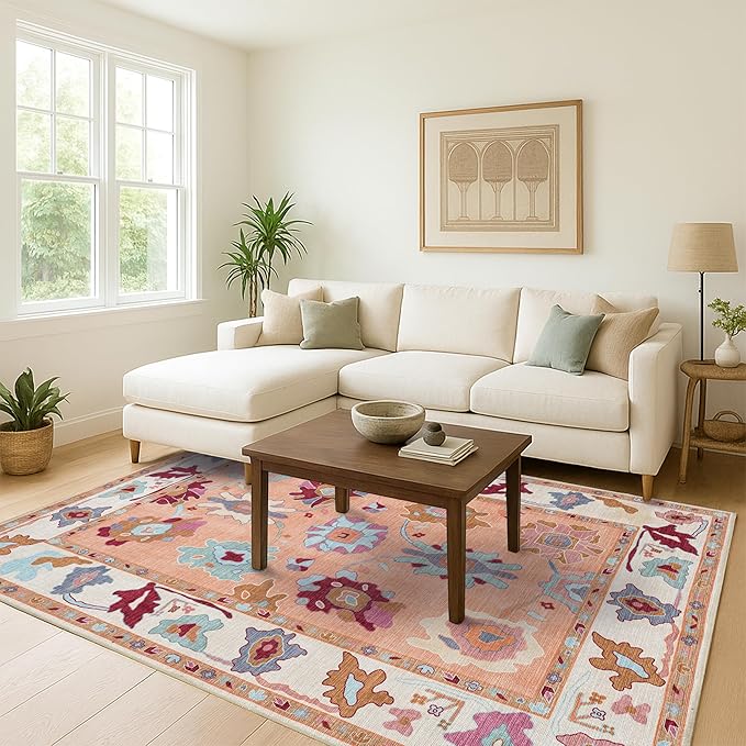 Fame Living Orange Oushak Rug, Modern, Vintage, Turkish, Eclectic, Floral, Pastel, Washable, Extra Large Area Rugs for Living Room, Dining, Bedroom, Lounge, 9'x12'